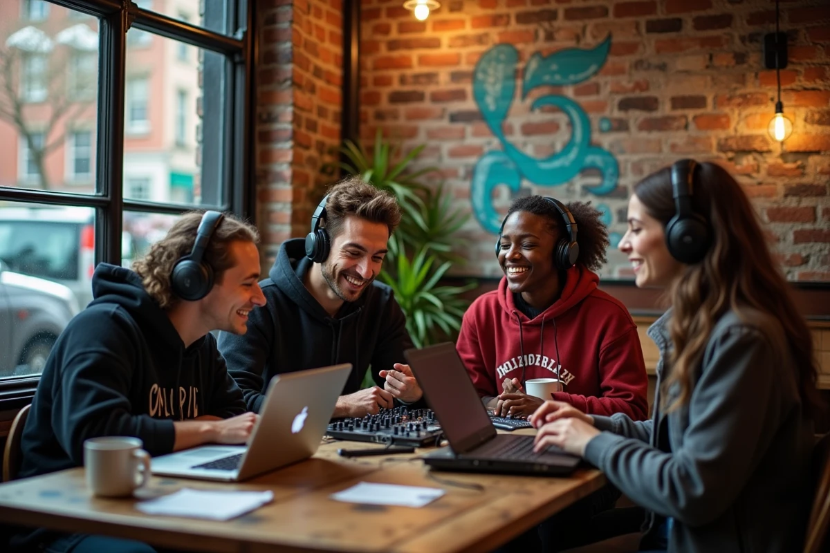 Groupe de jeunes créant de la musique dans un café convivial