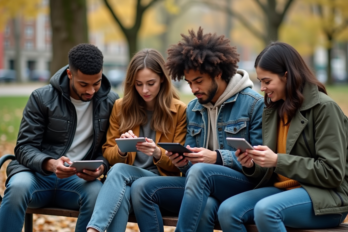 Groupe de jeunes adultes comparant du contenu sur des tablettes dans un parc