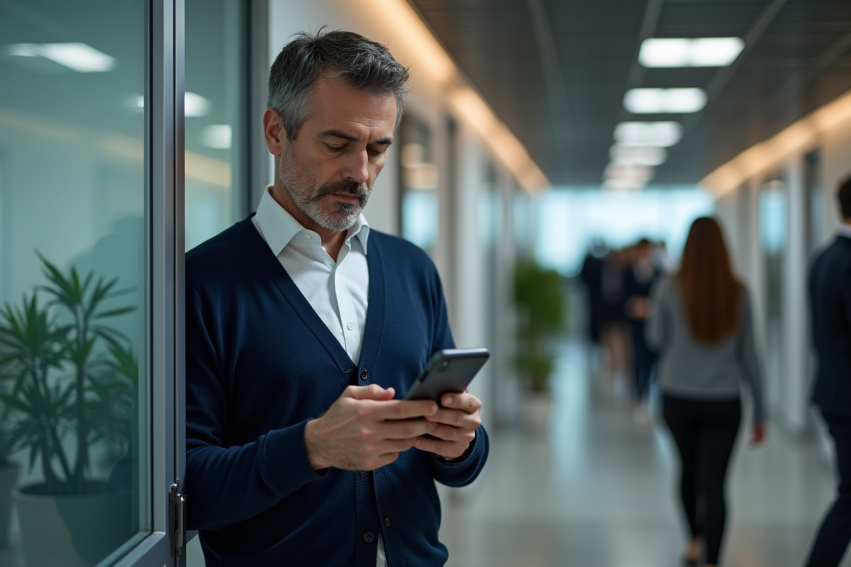Homme dans un couloir de bureau avec erreur 404 sur smartphone