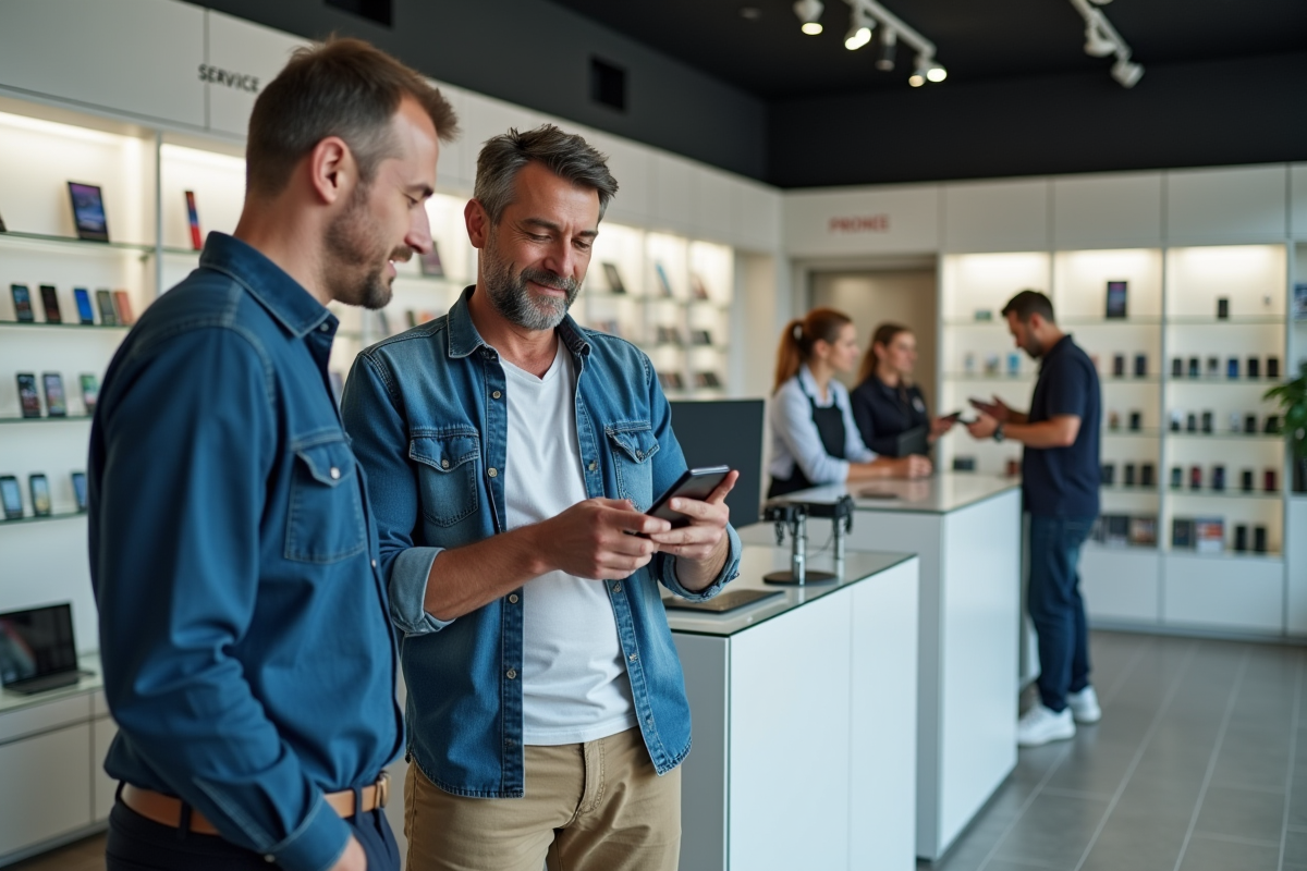 Homme d age moyen achetant un smartphone en magasin