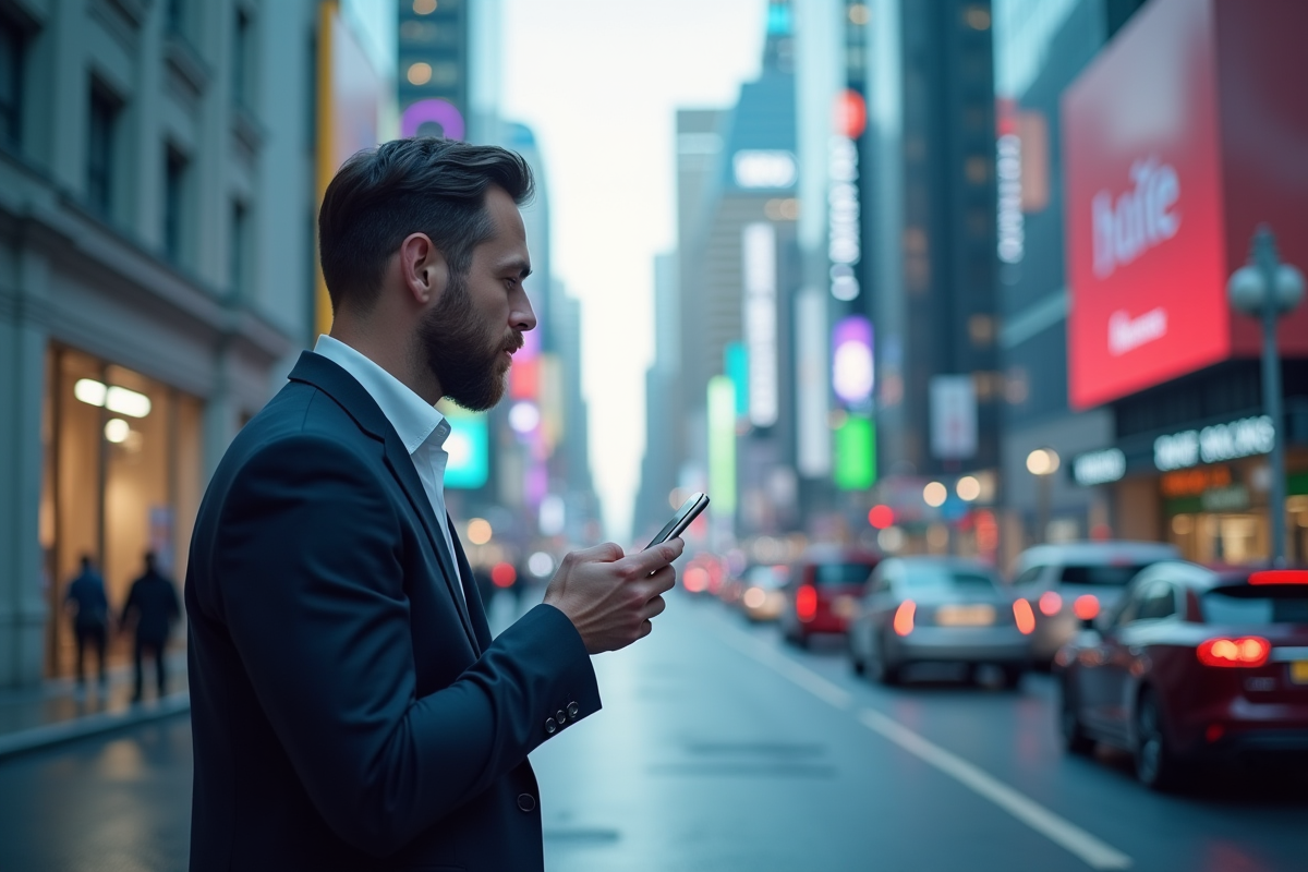 Homme parlant à son assistant virtuel sur smartphone dans une ville dynamique