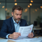 Homme d'affaires en costume examine des documents PDF