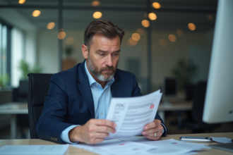 Homme d'affaires en costume examine des documents PDF