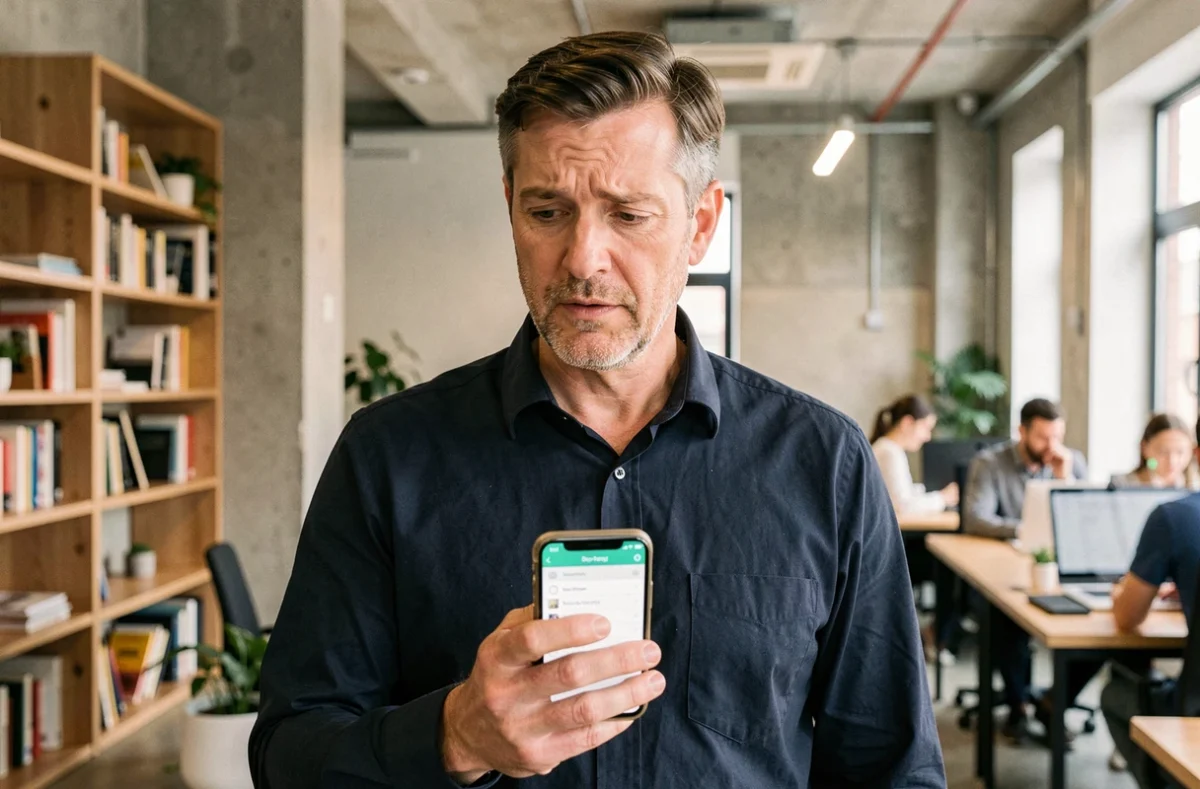 Homme consultant la nouvelle interface de la plateforme Wodioz sur son smartphone dans un espace de coworking