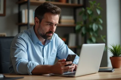 Homme d'âge moyen configurant la double authentification sur son ordinateur