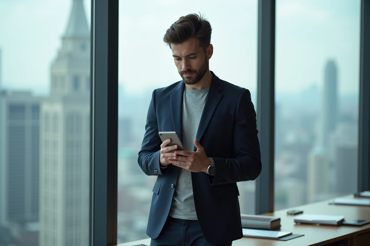 Homme en blazer consultant un message WhatsApp professionnel programmé près d'une fenêtre de bureau en ville