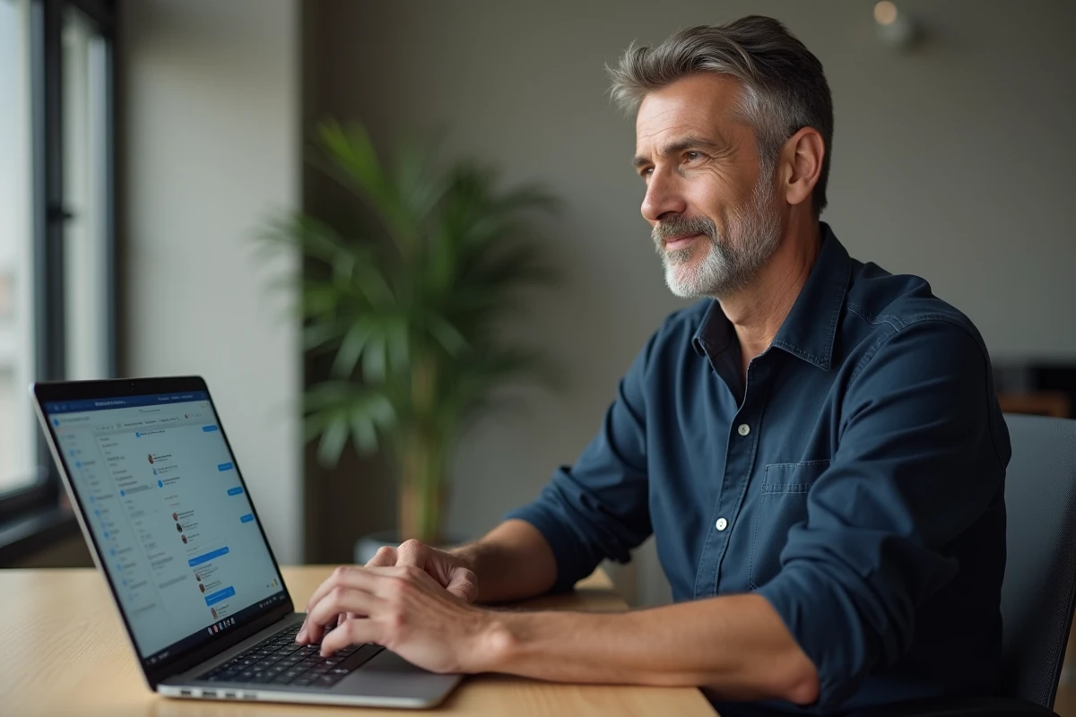 Homme au bureau utilisant un ordinateur portable pour gérer ses contacts sur une application de messagerie comme Messenger