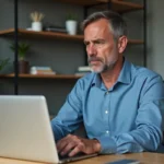 Homme d'âge moyen en bureau à domicile regardant un email erreur