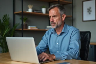 Homme d'âge moyen en bureau à domicile regardant un email erreur