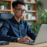 Jeune homme au bureau avec ordinateur sécurisé et disque dur