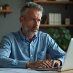 Homme d'âge moyen regardant un email suspect sur son ordinateur