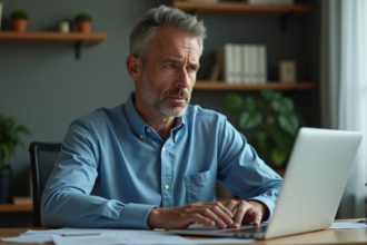 Homme d'âge moyen regardant un email suspect sur son ordinateur