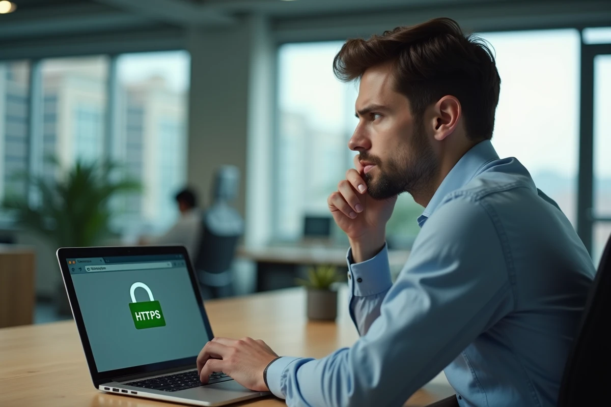 Jeune homme au bureau regardant un écran HTTPS