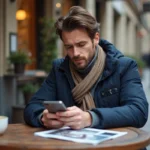 Homme en ville regardant son smartphone dans un café