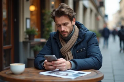 Homme en ville regardant son smartphone dans un café