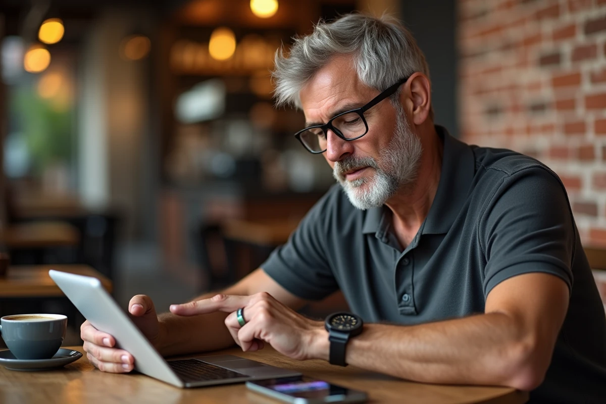 Homme dans un café consultant des informations tech sur une tablette avec un vieux téléphone abîmé posé à côté