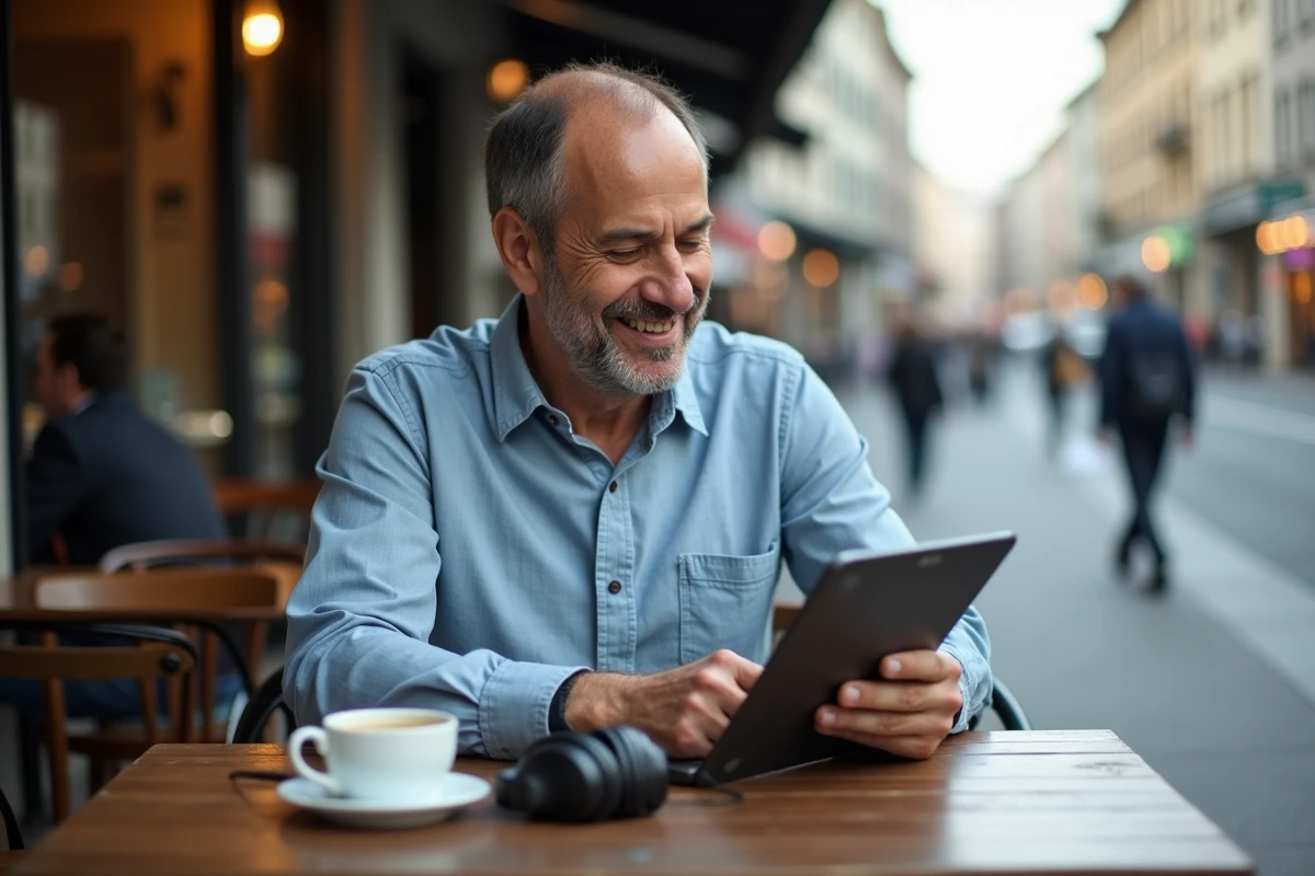 Homme transférant des fichiers musicaux dans un café en extérieur