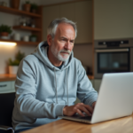 Homme d'âge moyen travaillant à la maison sur son ordinateur