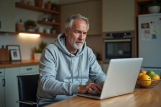 Homme d'âge moyen travaillant à la maison sur son ordinateur