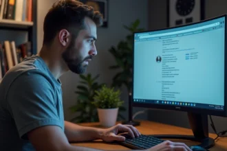 Homme concentré devant un écran affichant la page chrome://flags pour optimiser son navigateur Chrome