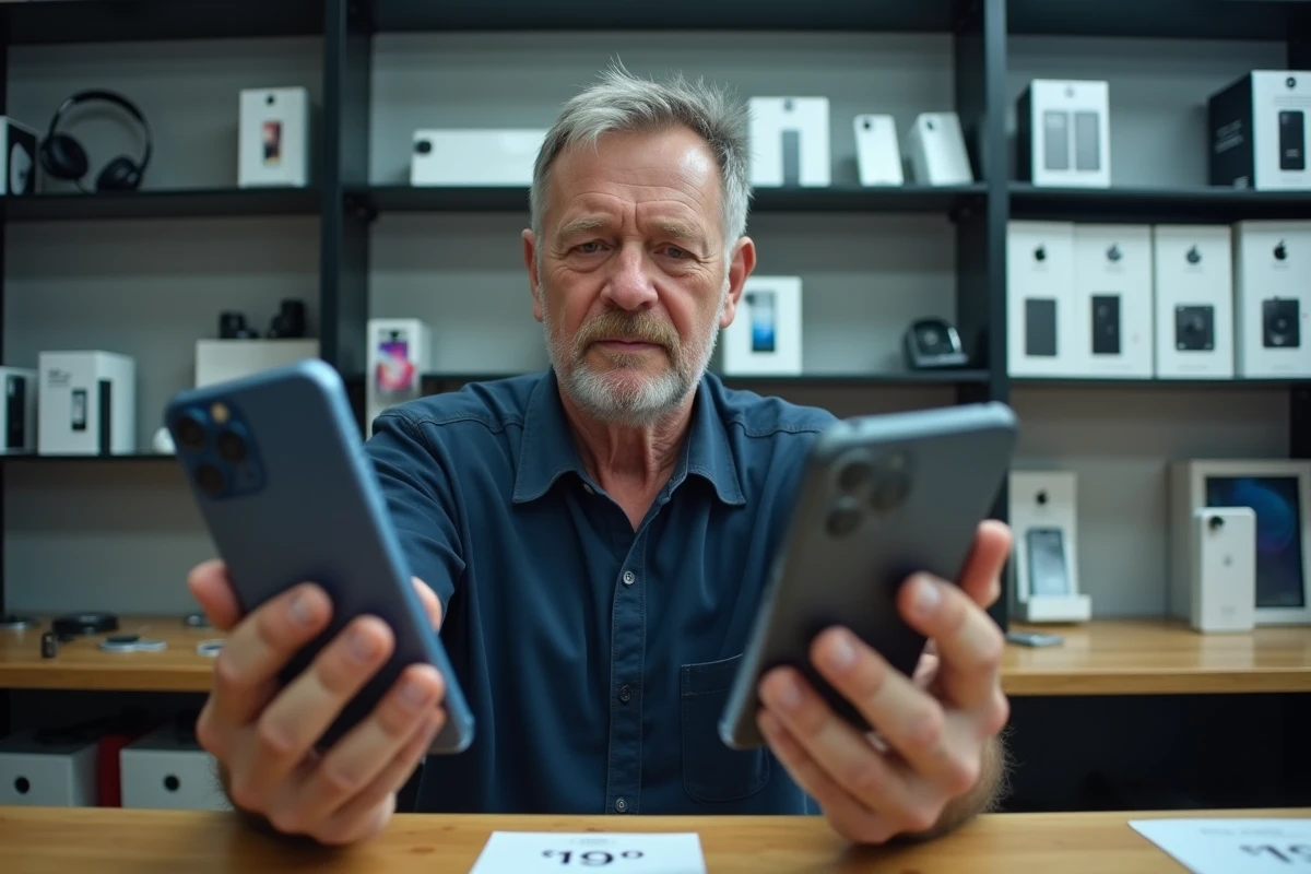 Homme comparant deux smartphones dans une boutique de téléphones reconditionnés