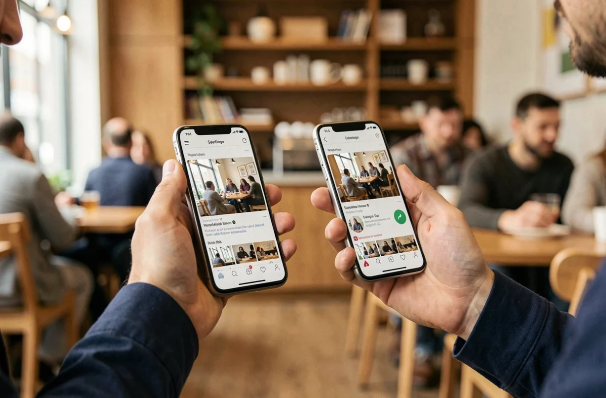 Un homme tenant un Google Pixel 8 Pro et un Pixel 8 dans ses mains pour comparer leurs interfaces dans un café moderne