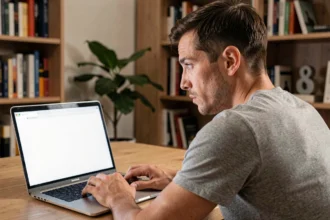 Homme confus regardant un écran d'ordinateur affichant une page about:blank dans un navigateur