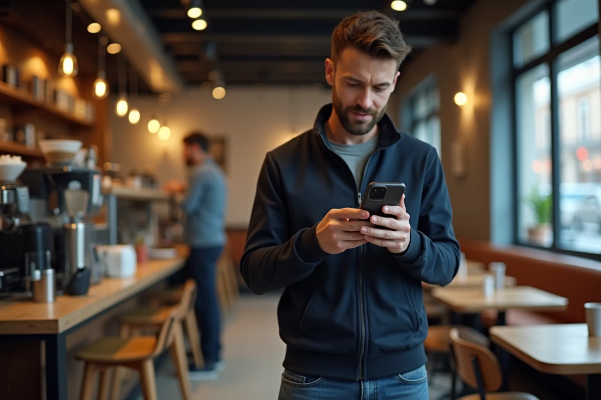 Homme consultant un profil Instagram privé sur son téléphone dans un café, symbolisant la curiosité autour des stories inaccessibles