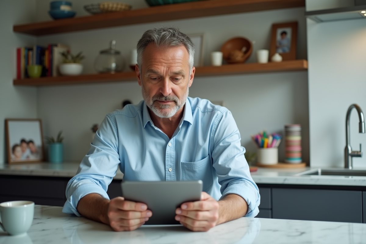 Homme vérifiant ses emails dans sa cuisine à la maison
