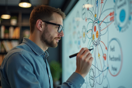 Homme professionnel esquissant un diagramme réseau en bureau