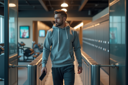 Homme confiant entrant dans une salle de sport moderne