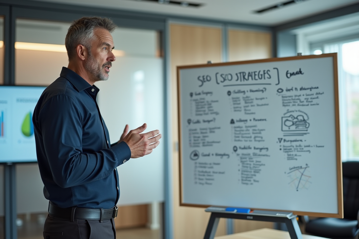Homme en discussion devant un tableau blanc avec diagrammes SEO