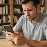 Homme frustré tenant un smartphone Android en essayant de résoudre un problème de presse-papier