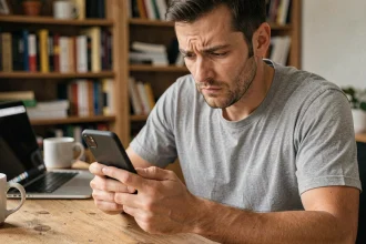 Homme frustré tenant un smartphone Android en essayant de résoudre un problème de presse-papier