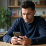 Homme hésitant à acheter un nouveau smartphone, tenant son téléphone actuel dans un bureau minimaliste