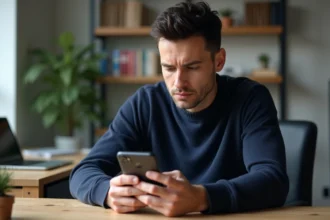 Homme hésitant à acheter un nouveau smartphone, tenant son téléphone actuel dans un bureau minimaliste