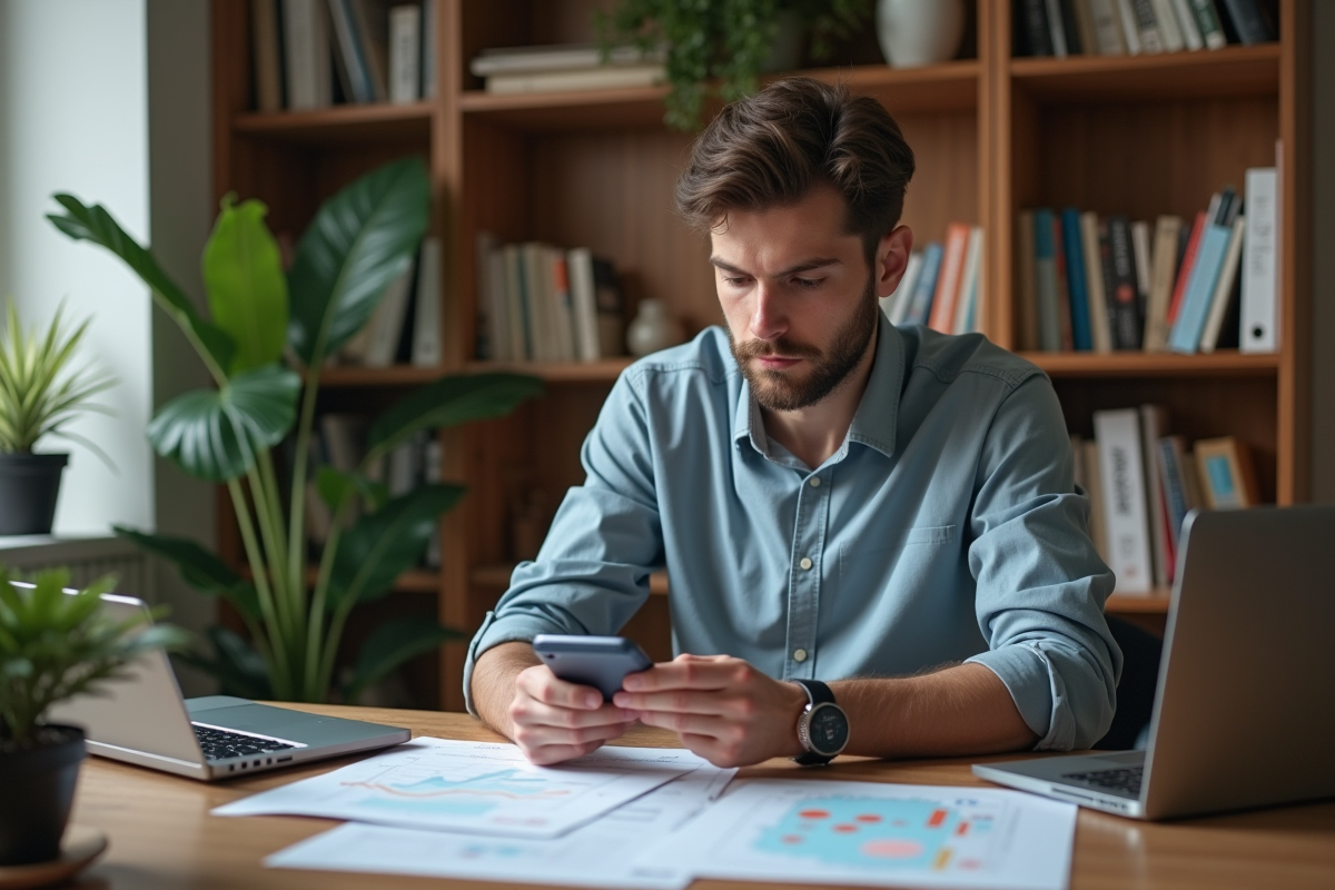 Jeune homme comparant des résultats de tests publicitaires à la maison