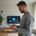 Homme consultant un tableau de bord de maison intelligente sur tablette dans un salon moderne connecté