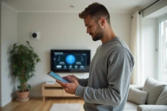 Homme consultant un tableau de bord de maison intelligente sur tablette dans un salon moderne connecté