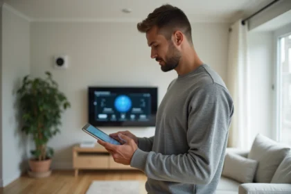 Homme consultant un tableau de bord de maison intelligente sur tablette dans un salon moderne connecté