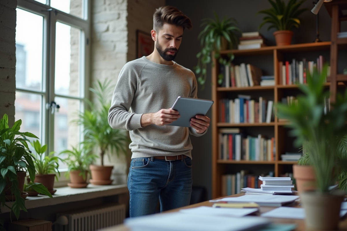 Jeune homme regardant une baisse de classement sur une tablette