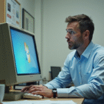 Homme d'âge moyen devant un ordinateur Windows 7 en bureau