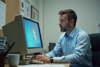 Homme d'âge moyen devant un ordinateur Windows 7 en bureau