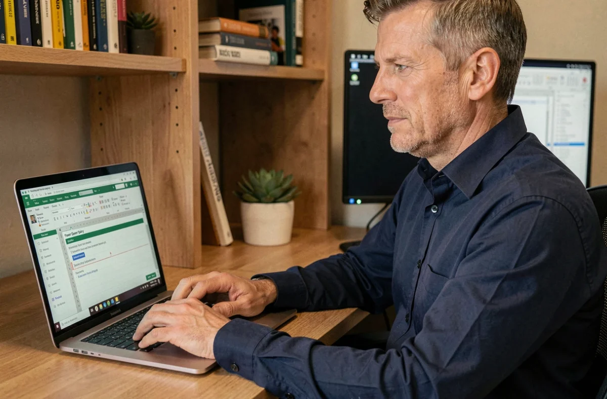 Homme travaillant sur Power Query dans Excel pour automatiser la suppression de doublons depuis un bureau à domicile