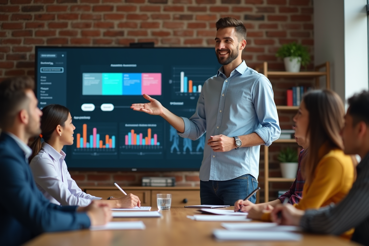 Homme expliquant un tableau de bord digital en réunion