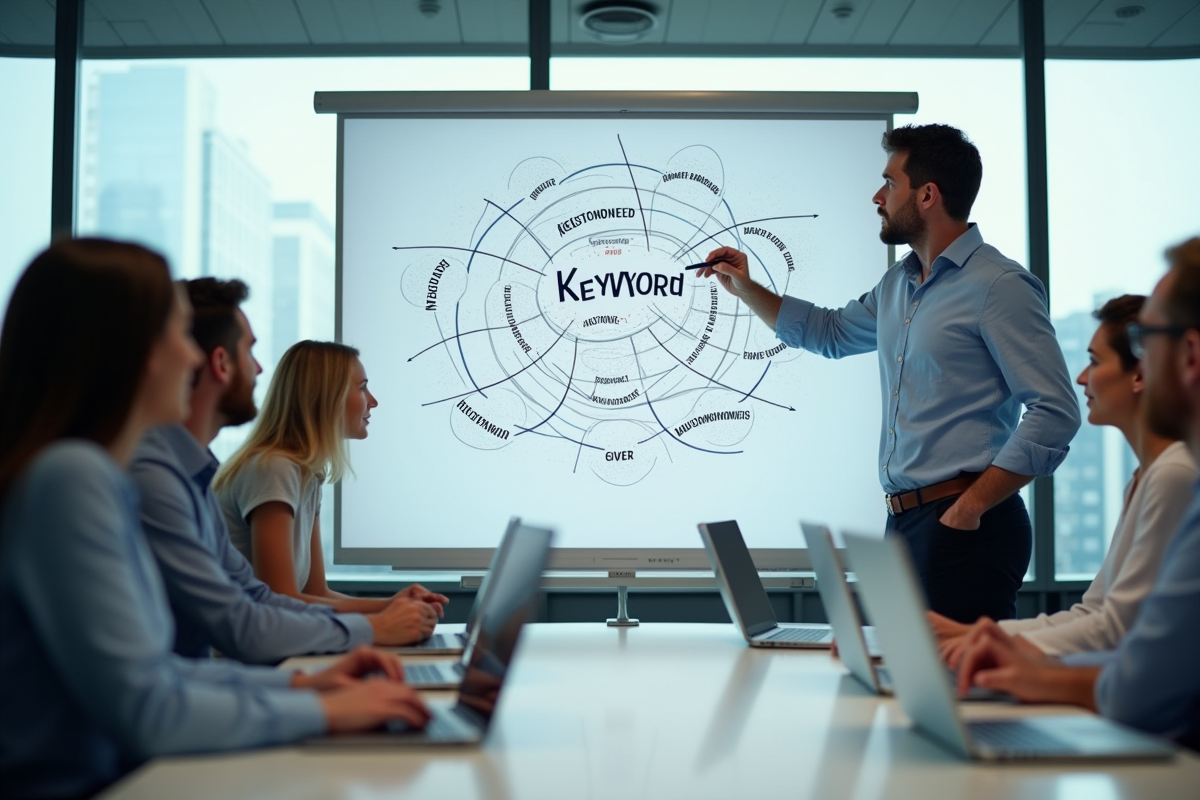 Homme expliquant une strategie marketing devant tableau blanc