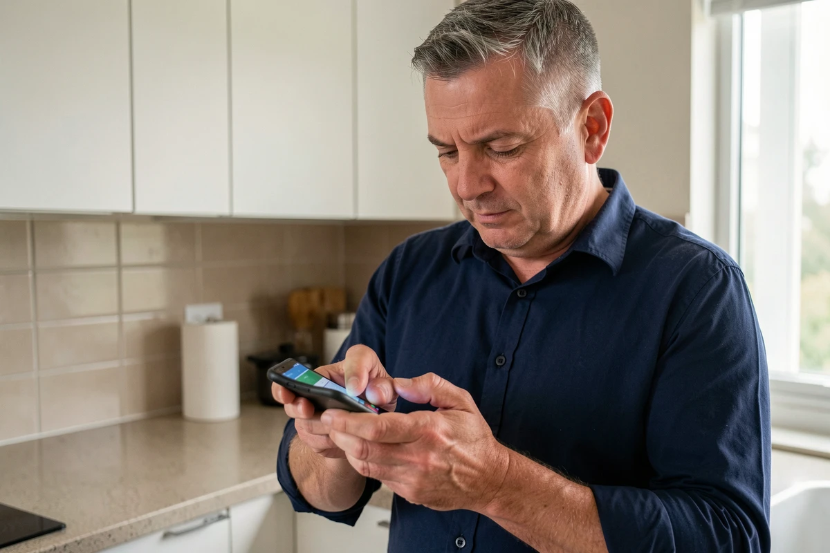 Homme utilisant le presse-papiers Android dans une cuisine pour récupérer un texte supprimé accidentellement