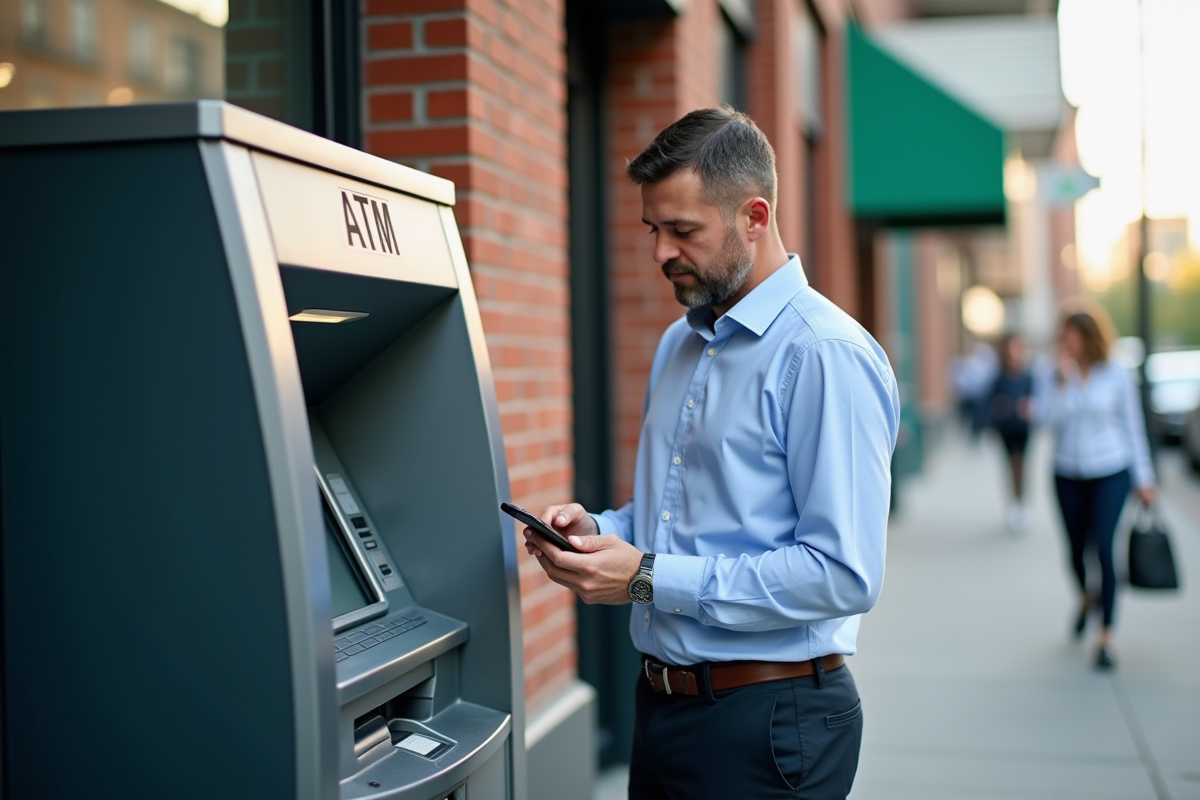 Homme utilisant son smartphone pour authentification à un ATM
