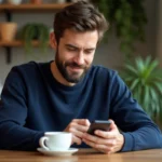 Homme en sweater bleu utilisant smartphone à la maison