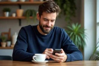 Homme en sweater bleu utilisant smartphone à la maison